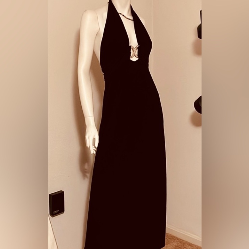 Betsy & Adam halter designer maxi dress low cut openback black linda Vernell 12P